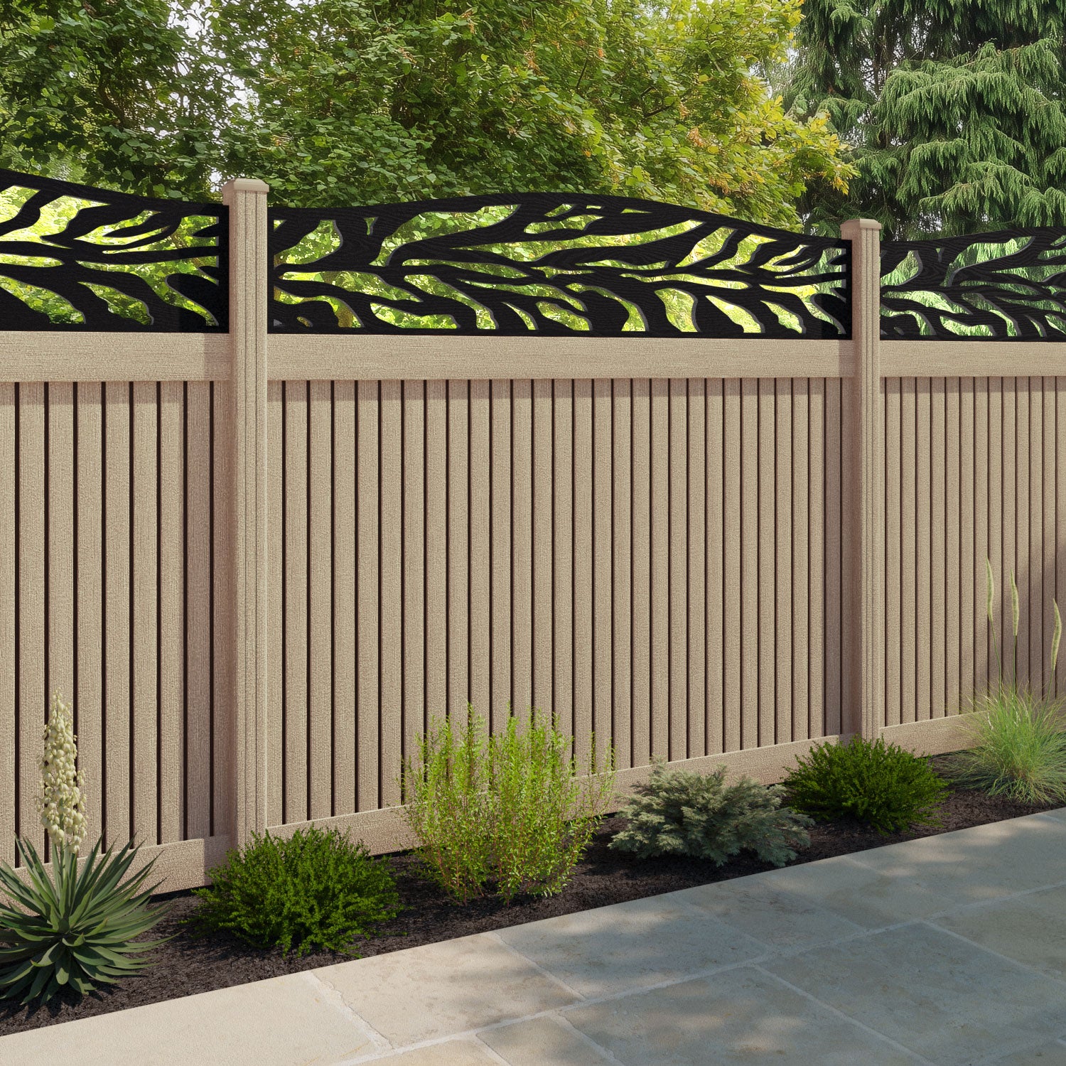 Virtis Malawi Curved Top Fence Panel - Light Oak - with our composite posts