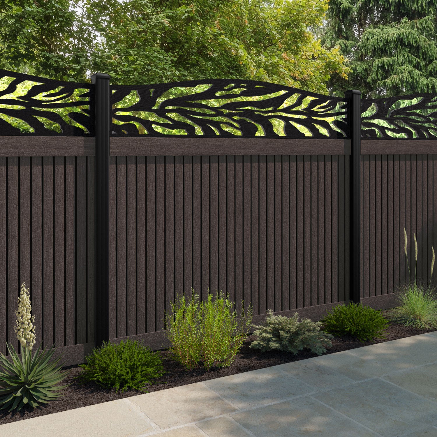 Virtis Malawi Curved Top Fence Panel - Mid Brown - with our composite posts