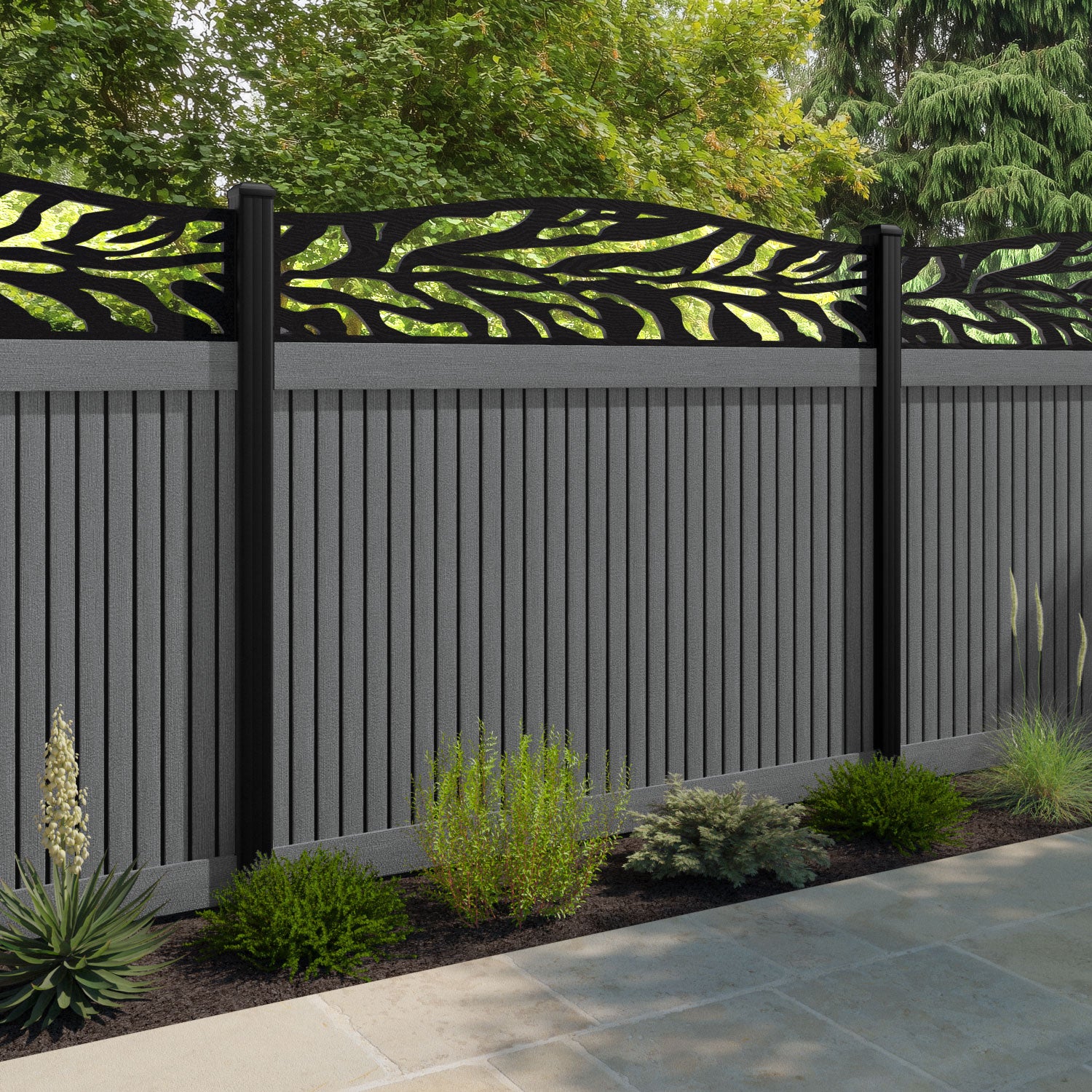 Virtis Malawi Curved Top Fence Panel - Mid Grey - with our composite posts