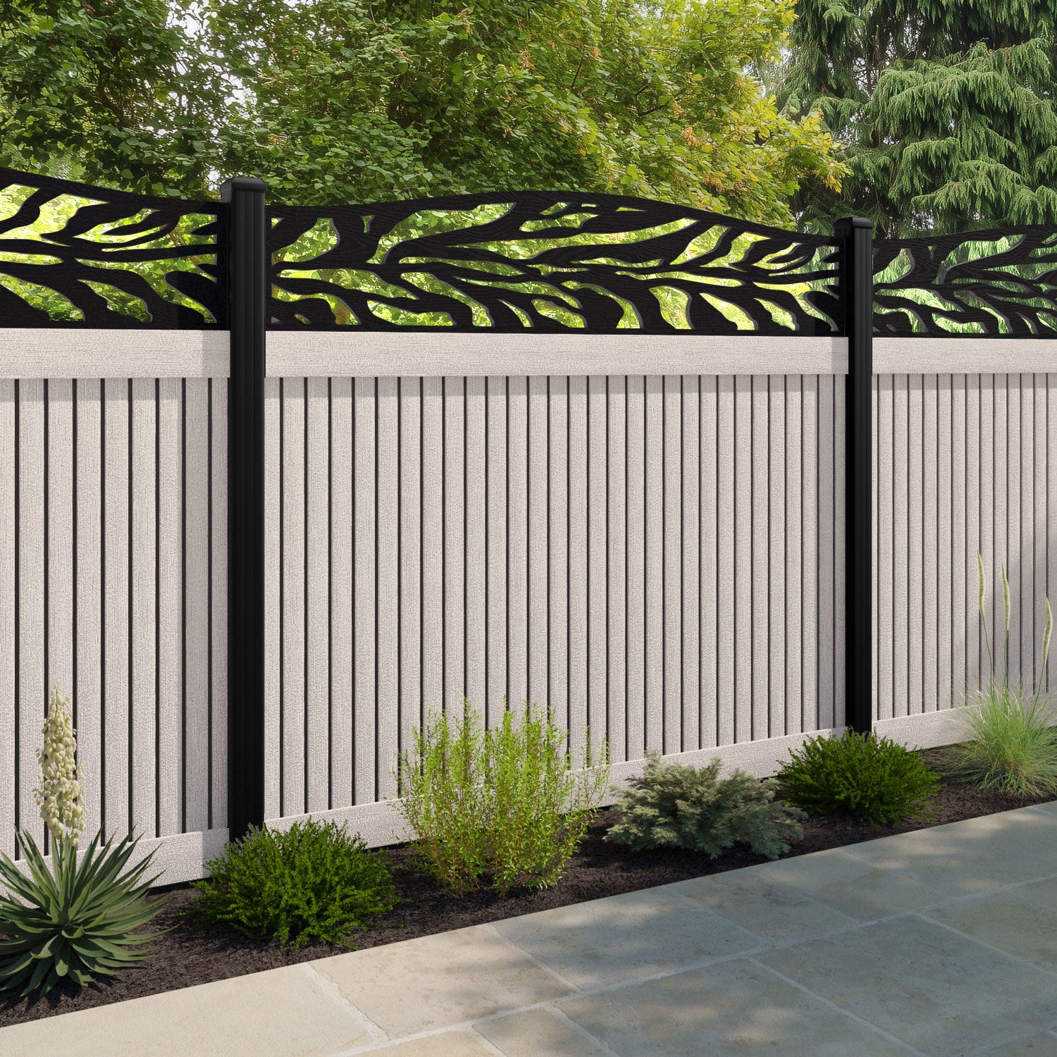Virtis Malawi Curved Top Fence Panel - Mid Stone - with our composite posts