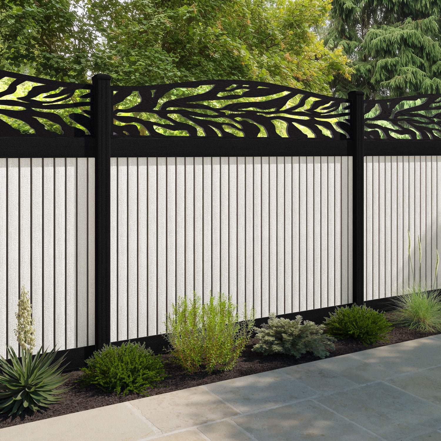 Virtis Malawi Curved Top Fence Panel - Light Stone - with our aluminium posts