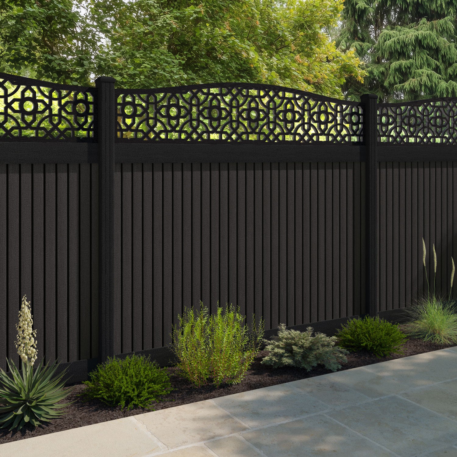 Virtis Nabila Curved Top Fence Panel - Dark Oak - with our aluminium posts