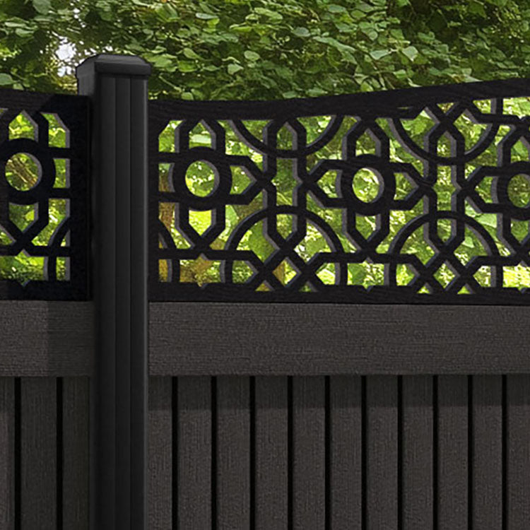 Virtis Nabila Curved Top Fence Panel - Dark Oak - with our aluminium posts