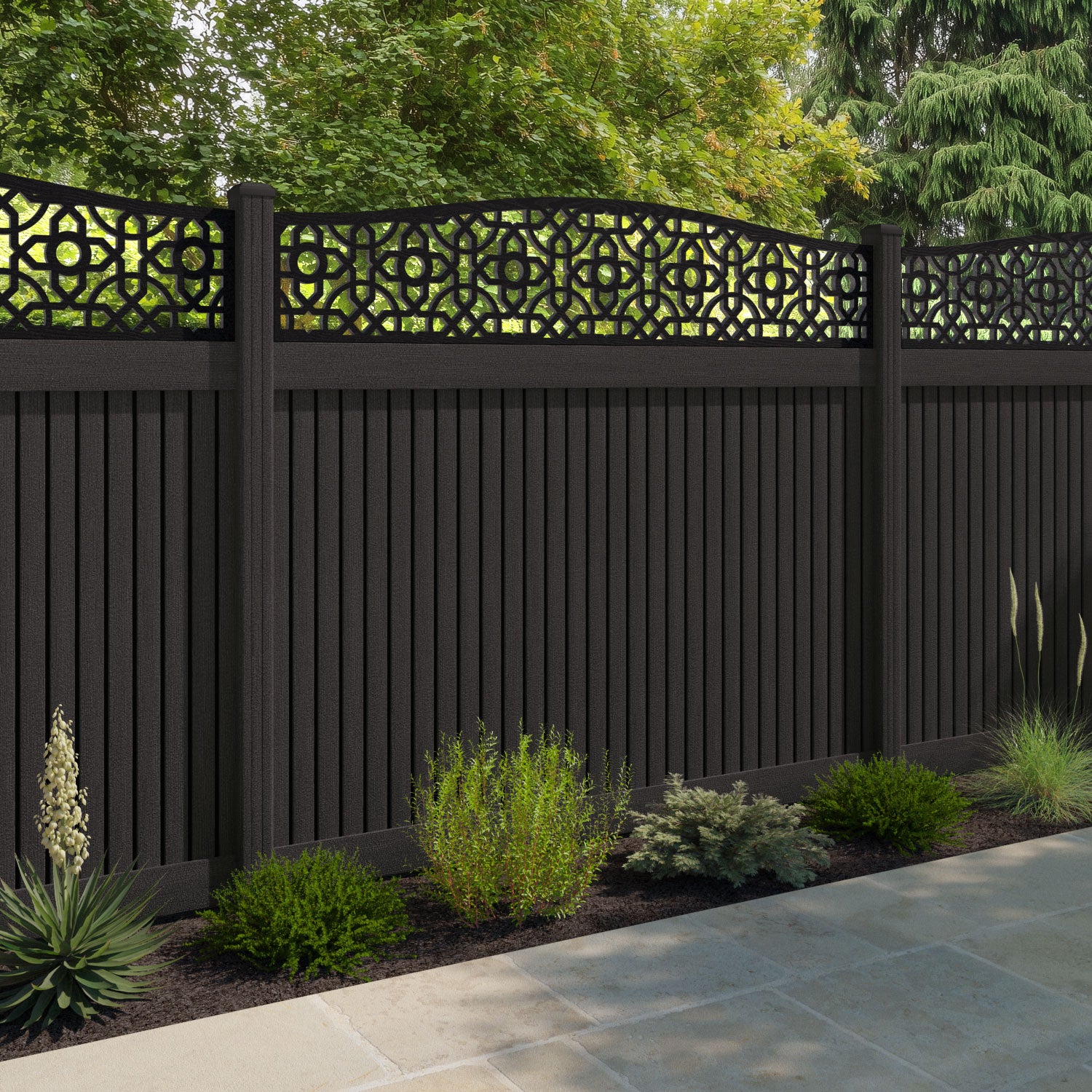 Virtis Nabila Curved Top Fence Panel - Dark Oak - with our composite posts