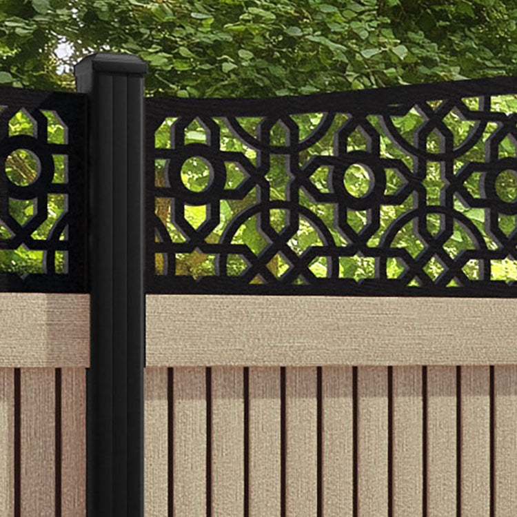 Virtis Nabila Curved Top Fence Panel - Light Oak - with our aluminium posts