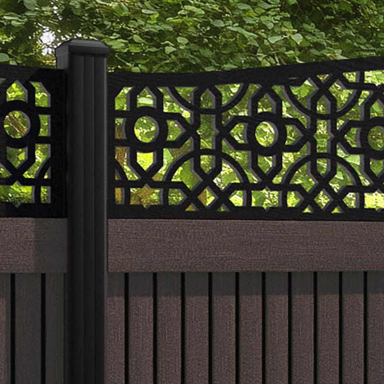 Virtis Nabila Curved Top Fence Panel - Mid Brown - with our aluminium posts