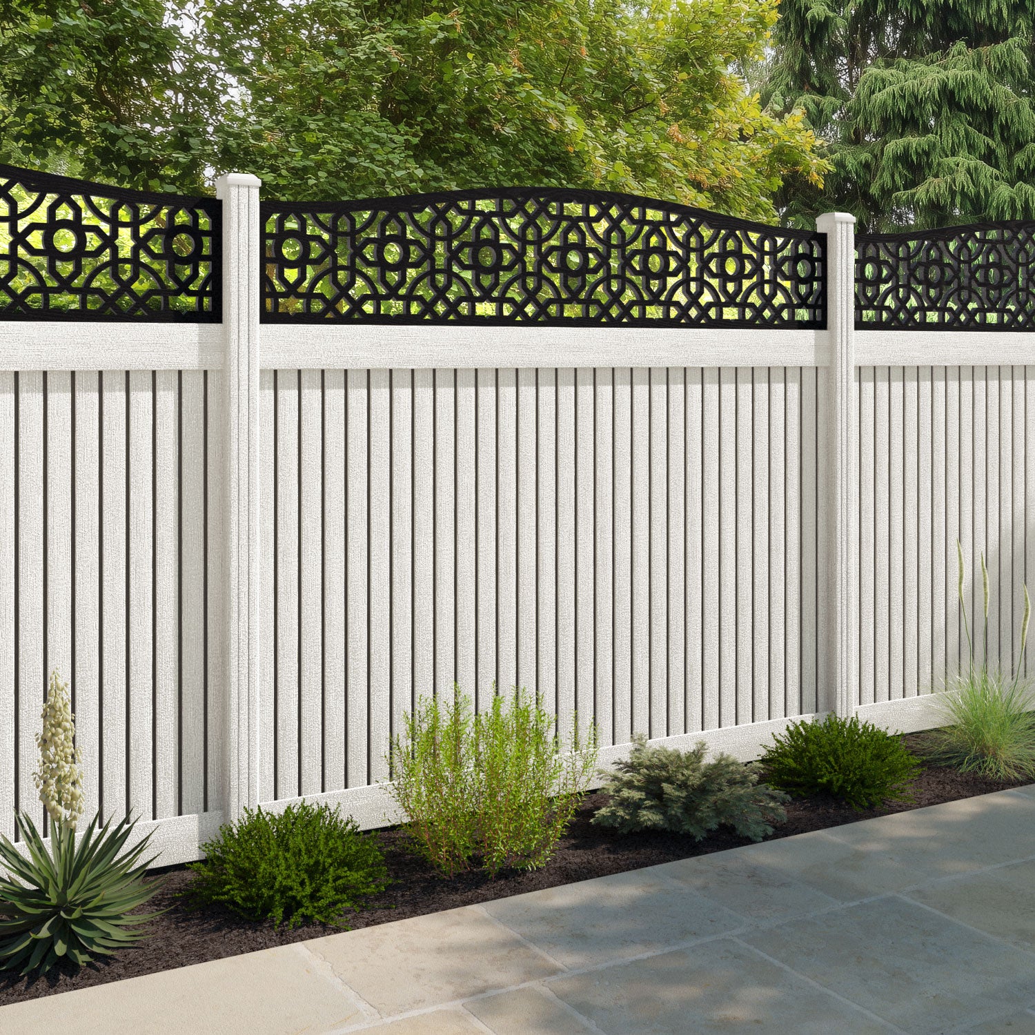 Virtis Nabila Curved Top Fence Panel - Light Stone - with our composite posts