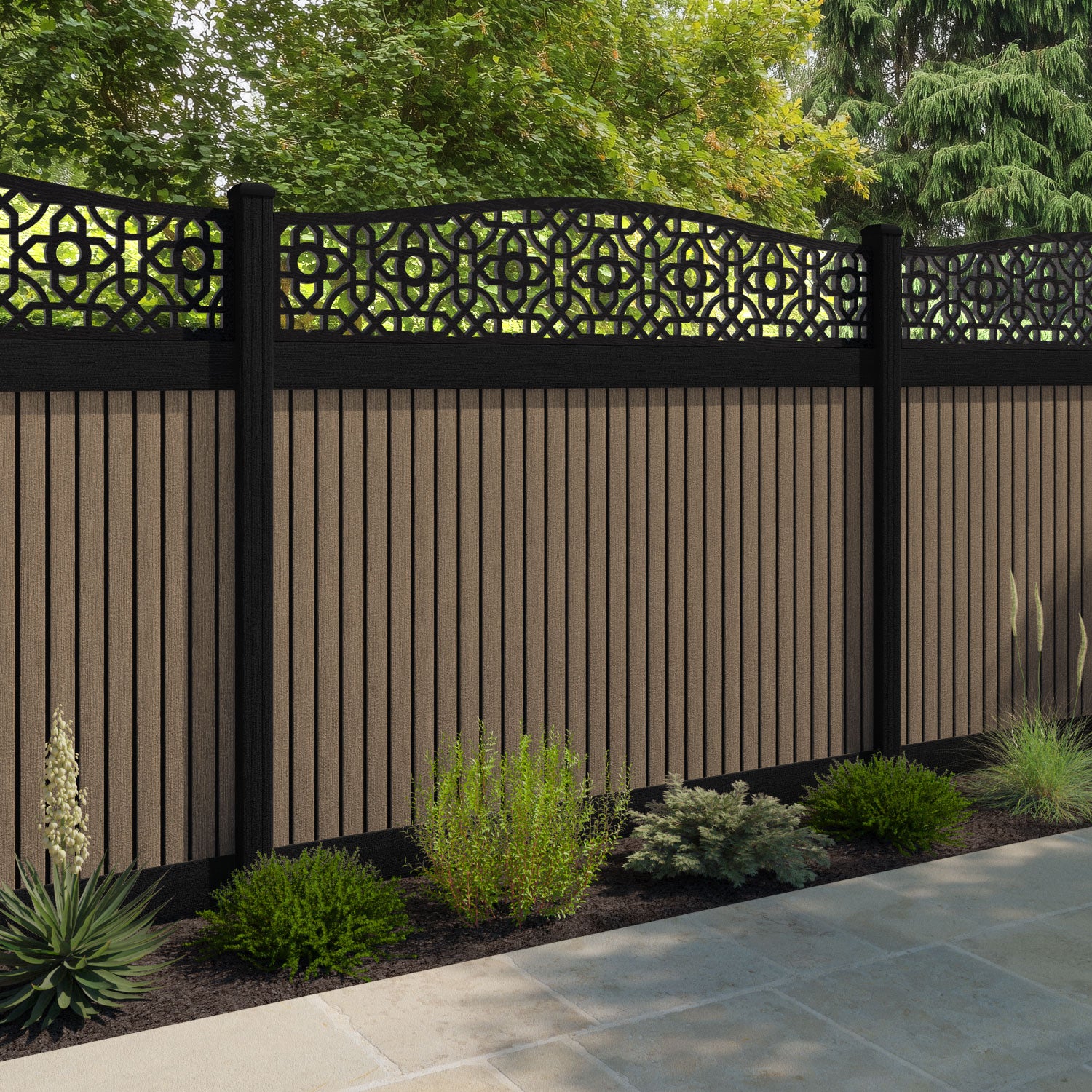 Virtis Nabila Curved Top Fence Panel - Teak - with our aluminium posts