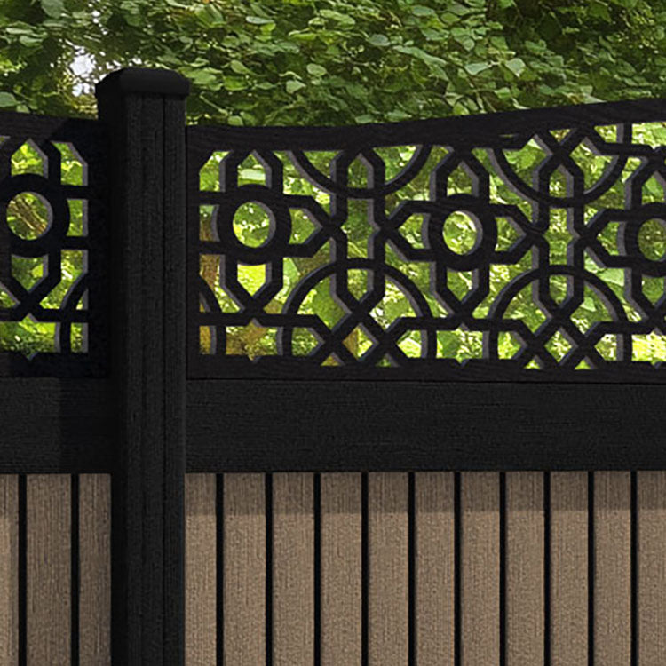 Virtis Nabila Curved Top Fence Panel - Teak - with our aluminium posts