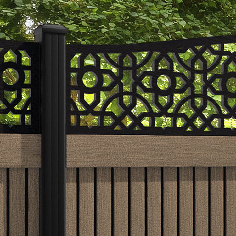 Virtis Nabila Curved Top Fence Panel - Teak - with our aluminium posts