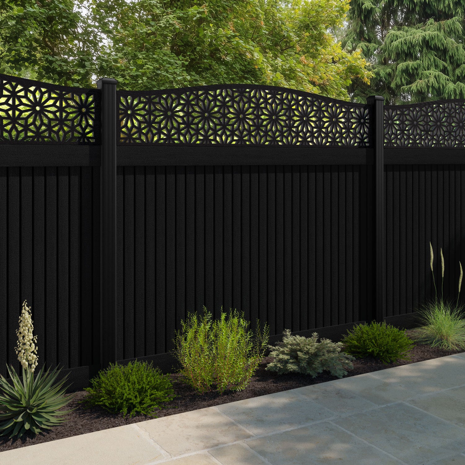 Virtis Narwa Curved Top Fence Panel - Black - with our aluminium posts