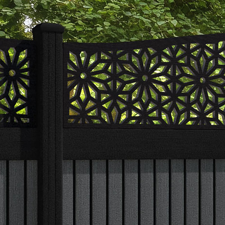 Virtis Narwa Curved Top Fence Panel - Dark Grey - with our aluminium posts