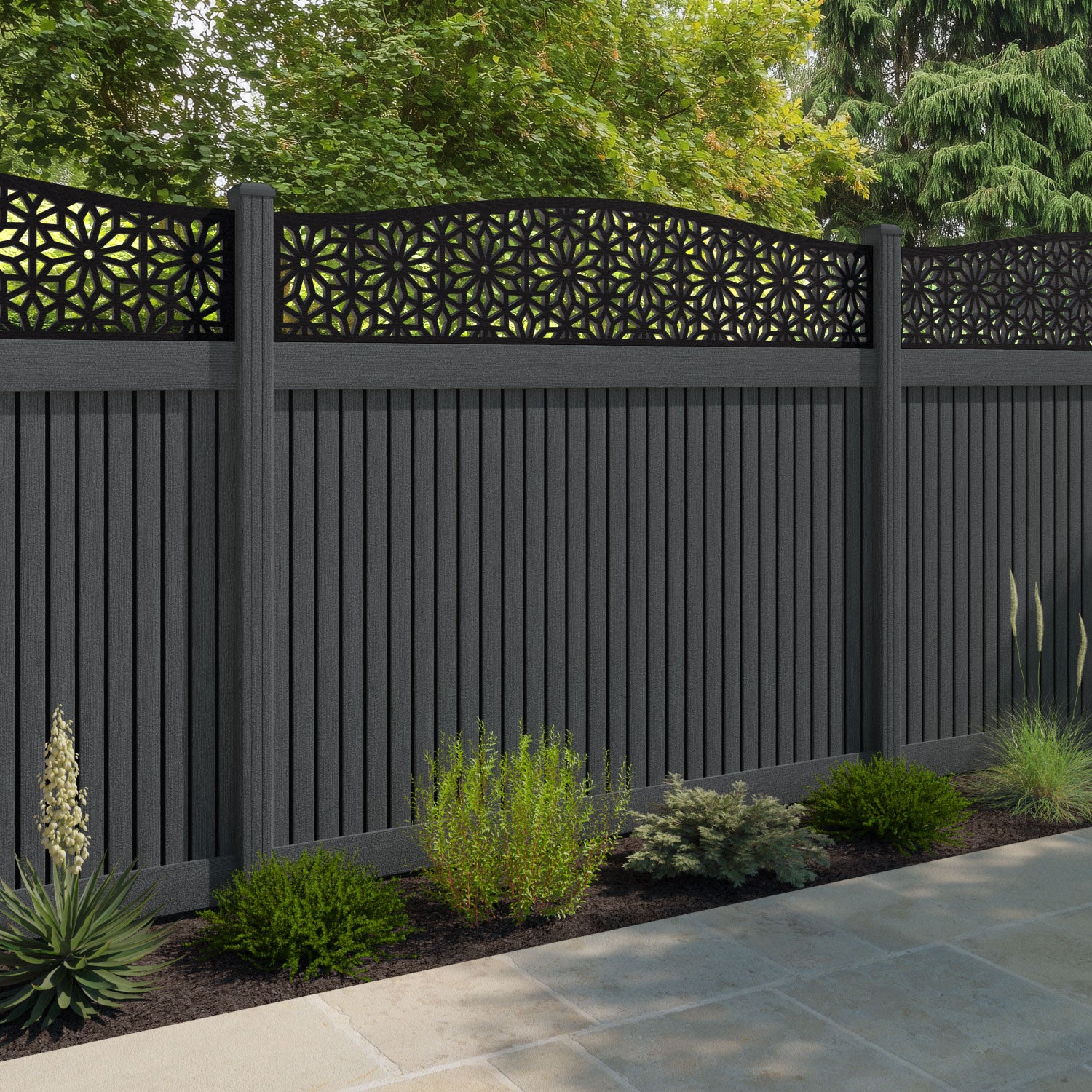 Virtis Narwa Curved Top Fence Panel - Dark Grey - with our composite posts