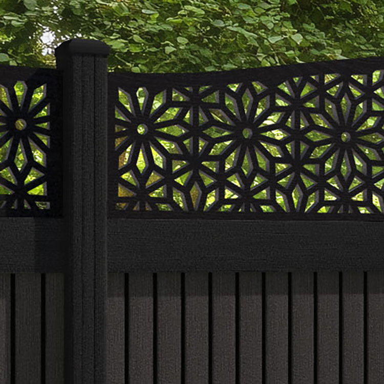 Virtis Narwa Curved Top Fence Panel - Dark Oak - with our aluminium posts