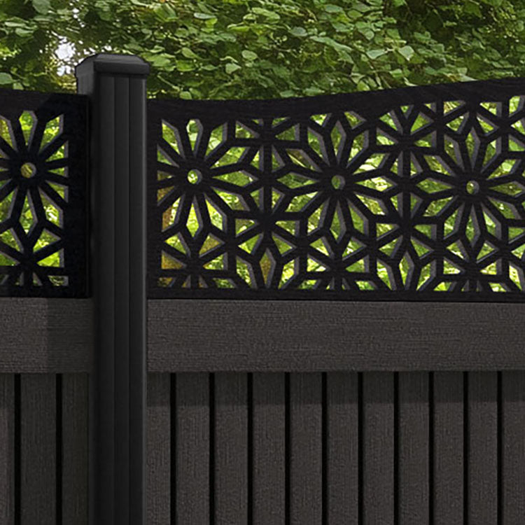 Virtis Narwa Curved Top Fence Panel - Dark Oak - with our aluminium posts