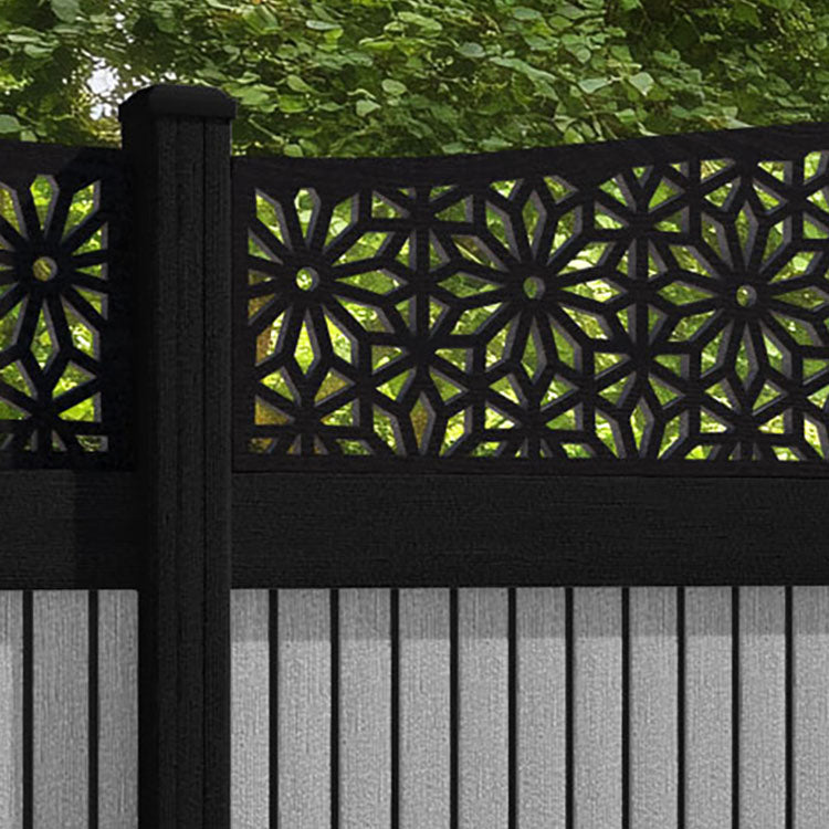 Virtis Narwa Curved Top Fence Panel - Light Grey - with our aluminium posts
