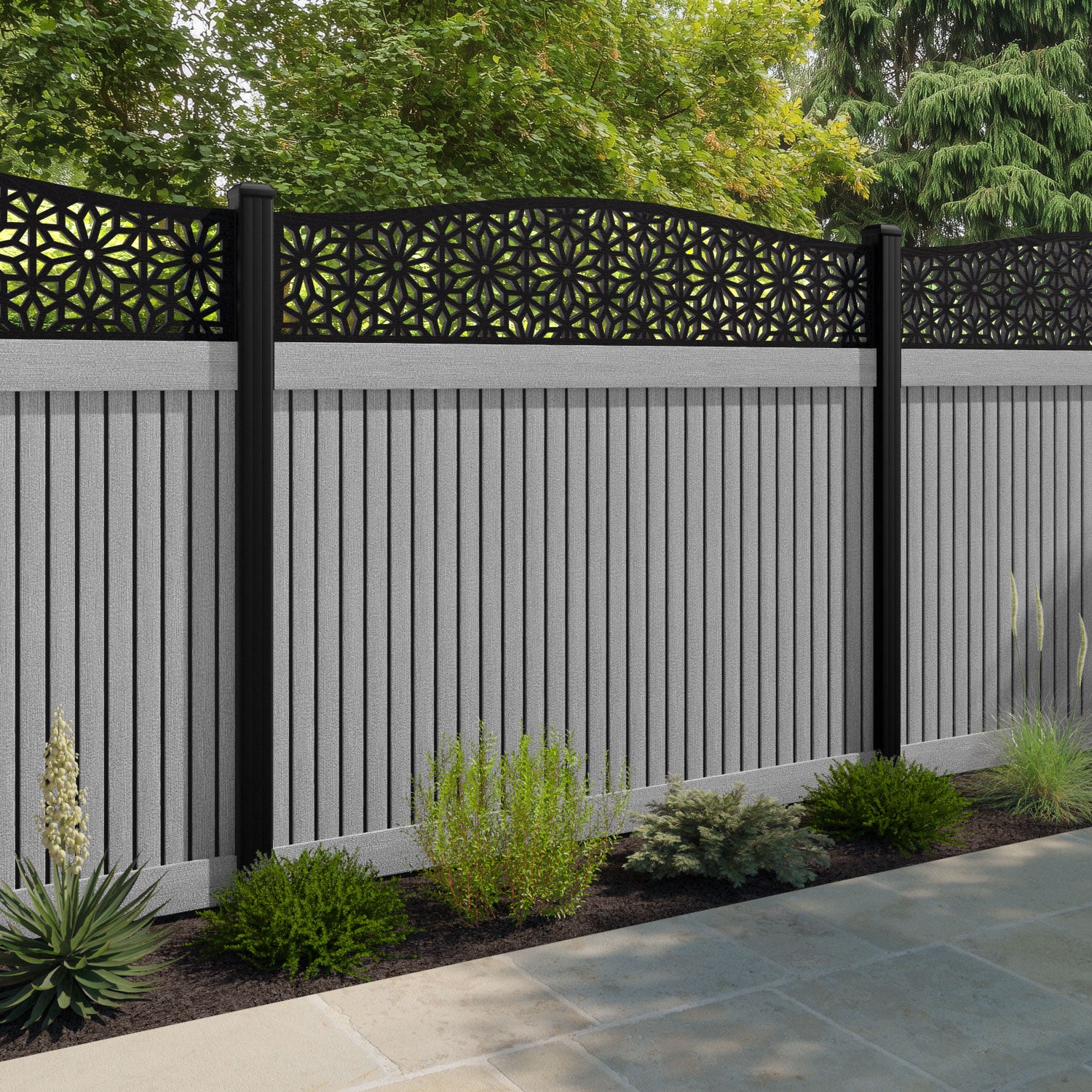 Virtis Narwa Curved Top Fence Panel - Light Grey - with our aluminium posts