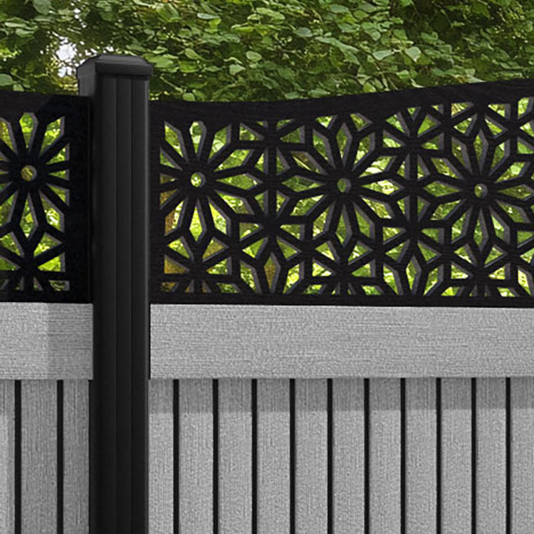 Virtis Narwa Curved Top Fence Panel - Light Grey - with our aluminium posts