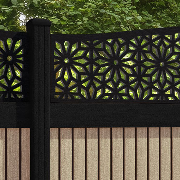 Virtis Narwa Curved Top Fence Panel - Light Oak - with our aluminium posts