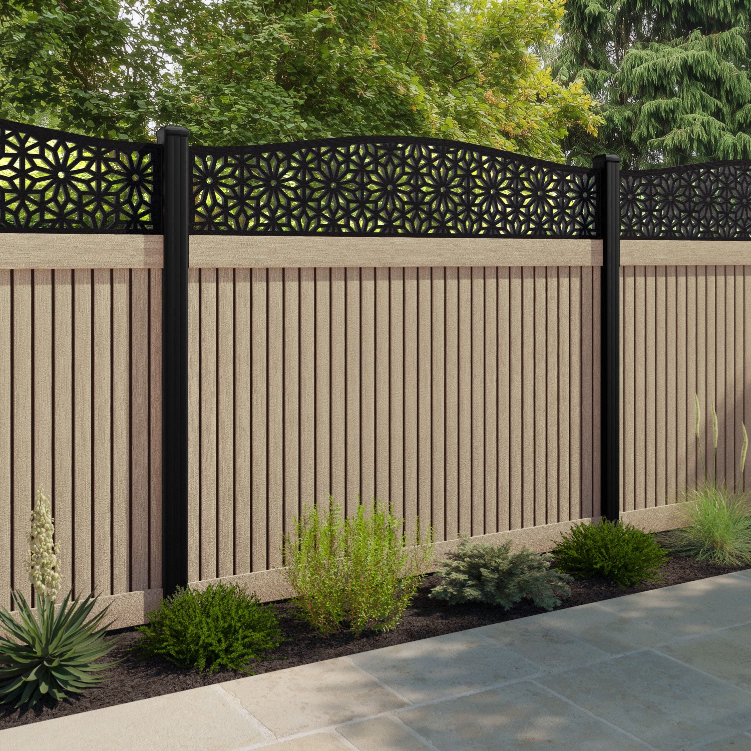 Virtis Narwa Curved Top Fence Panel - Light Oak - with our aluminium posts