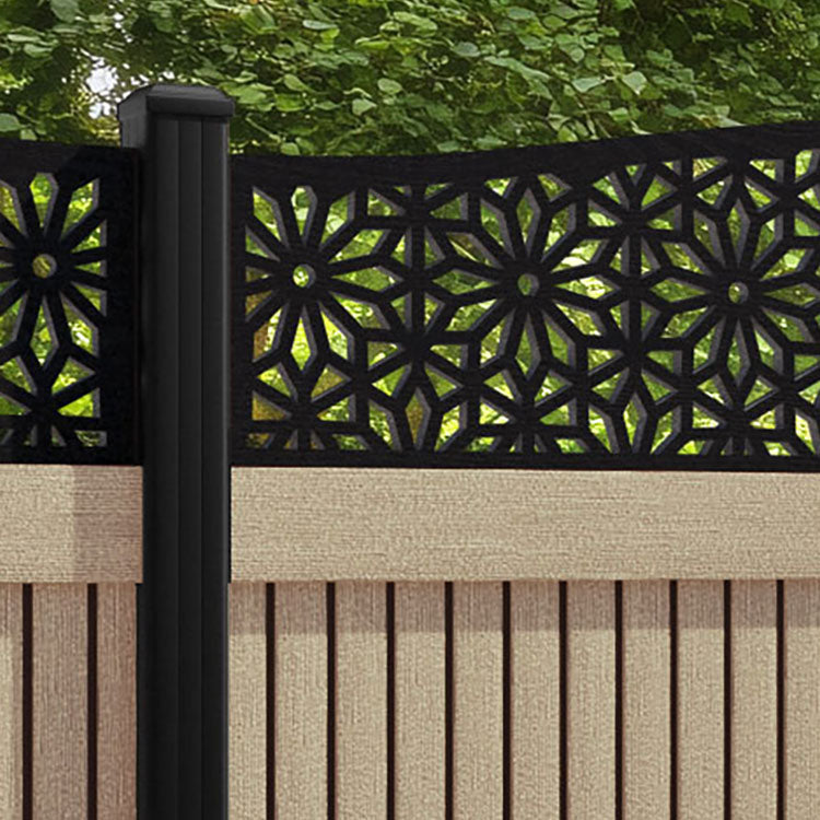 Virtis Narwa Curved Top Fence Panel - Light Oak - with our aluminium posts