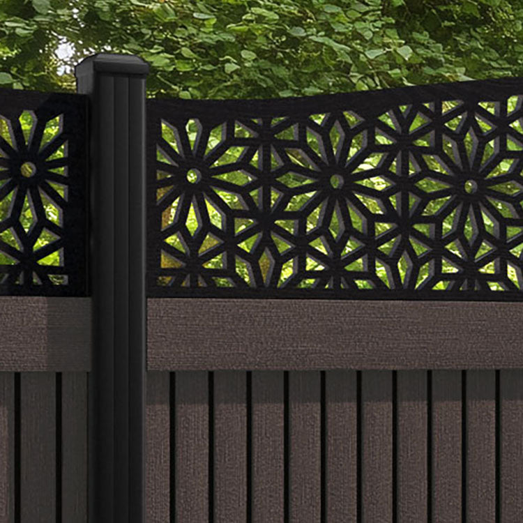 Virtis Narwa Curved Top Fence Panel - Mid Brown - with our aluminium posts