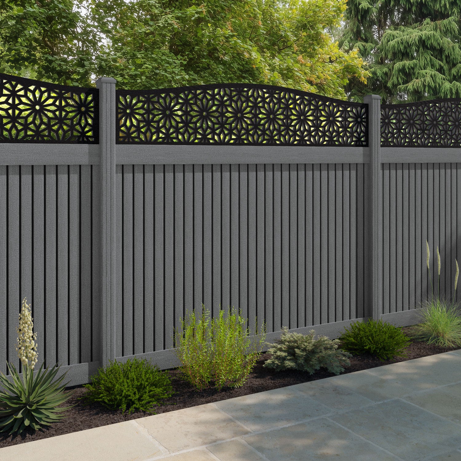 Virtis Narwa Curved Top Fence Panel - Mid Grey - with our composite posts