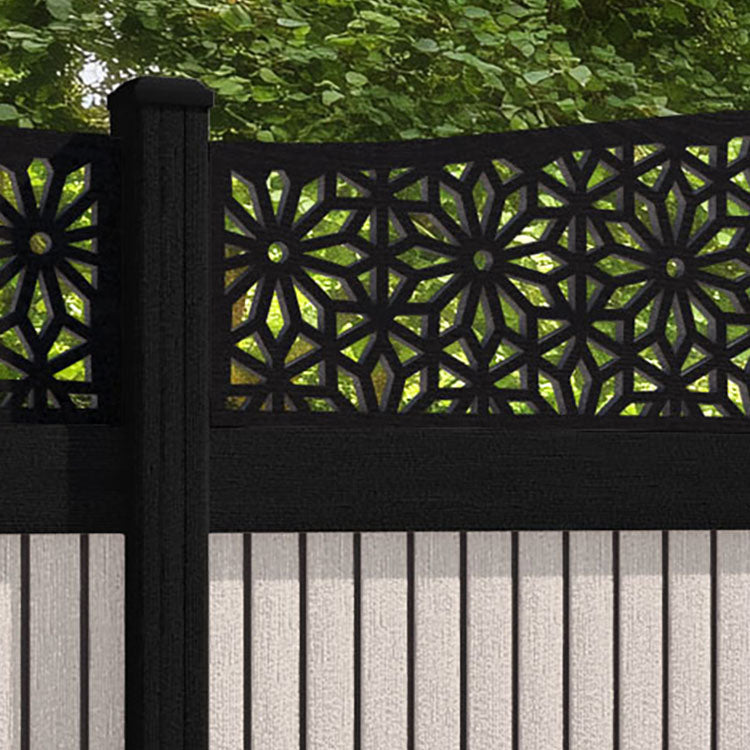 Virtis Narwa Curved Top Fence Panel - Mid Stone - with our aluminium posts