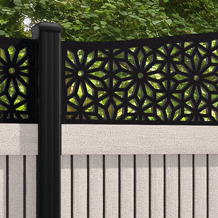 Virtis Narwa Curved Top Fence Panel - Mid Stone - with our aluminium posts