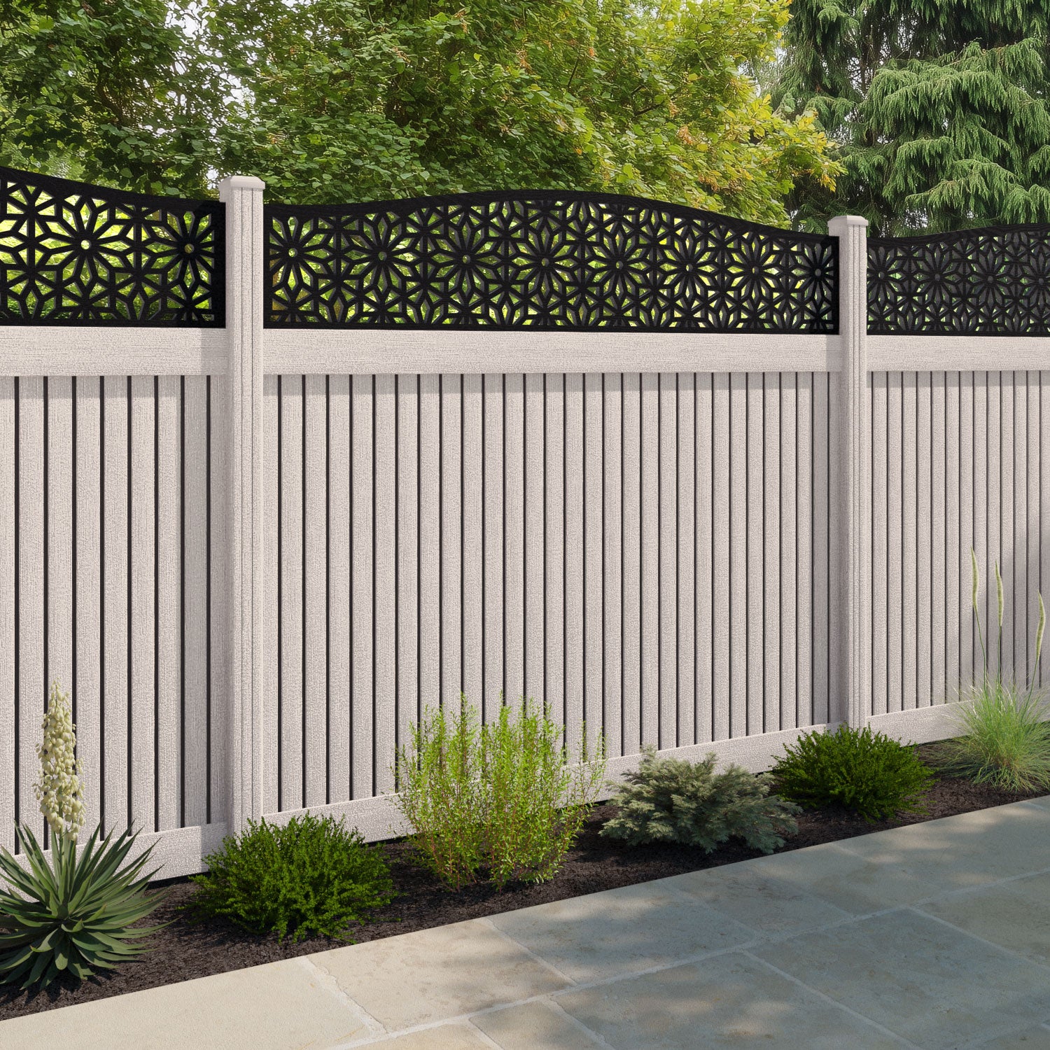 Virtis Narwa Curved Top Fence Panel - Mid Stone - with our composite posts