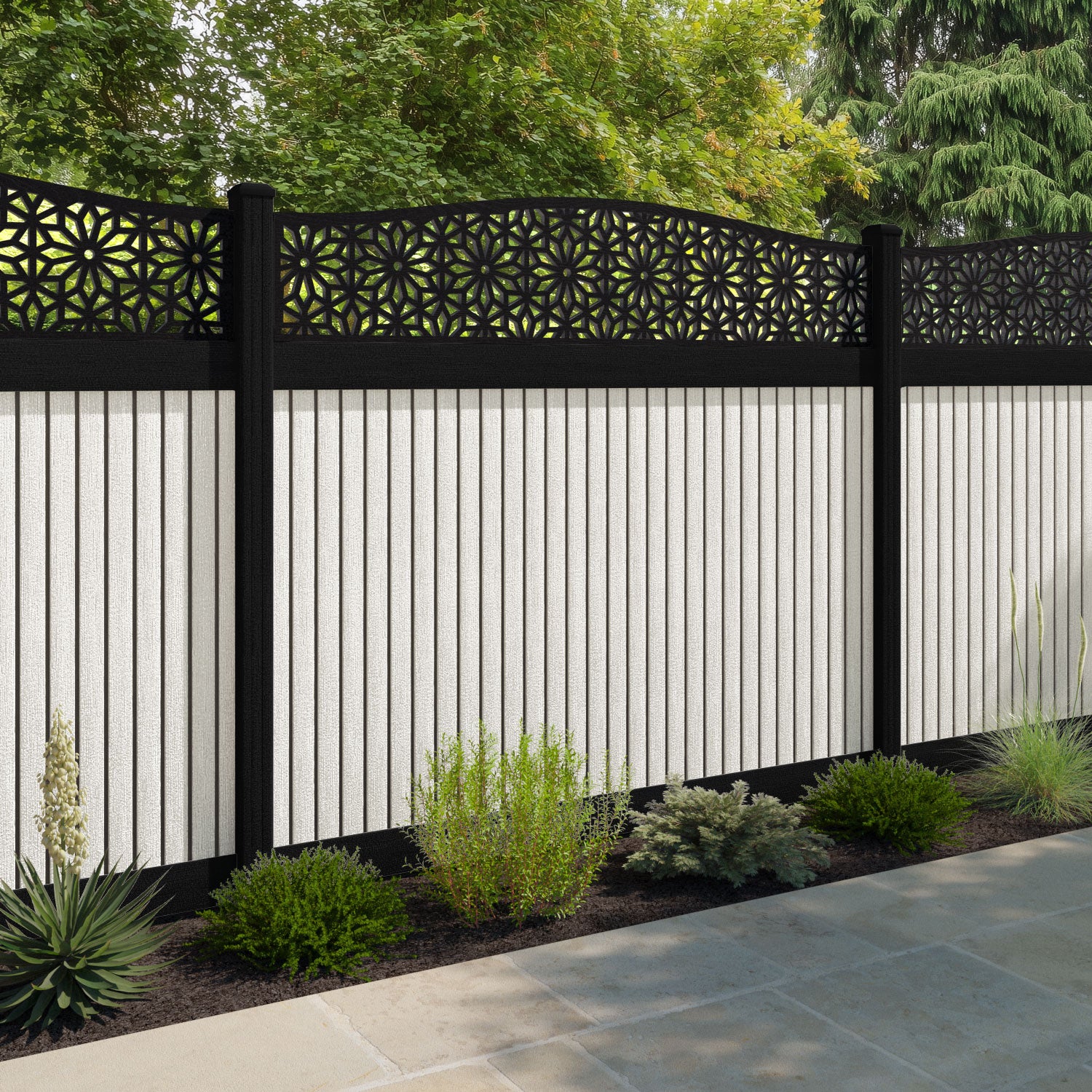 Virtis Narwa Curved Top Fence Panel - Light Stone - with our aluminium posts