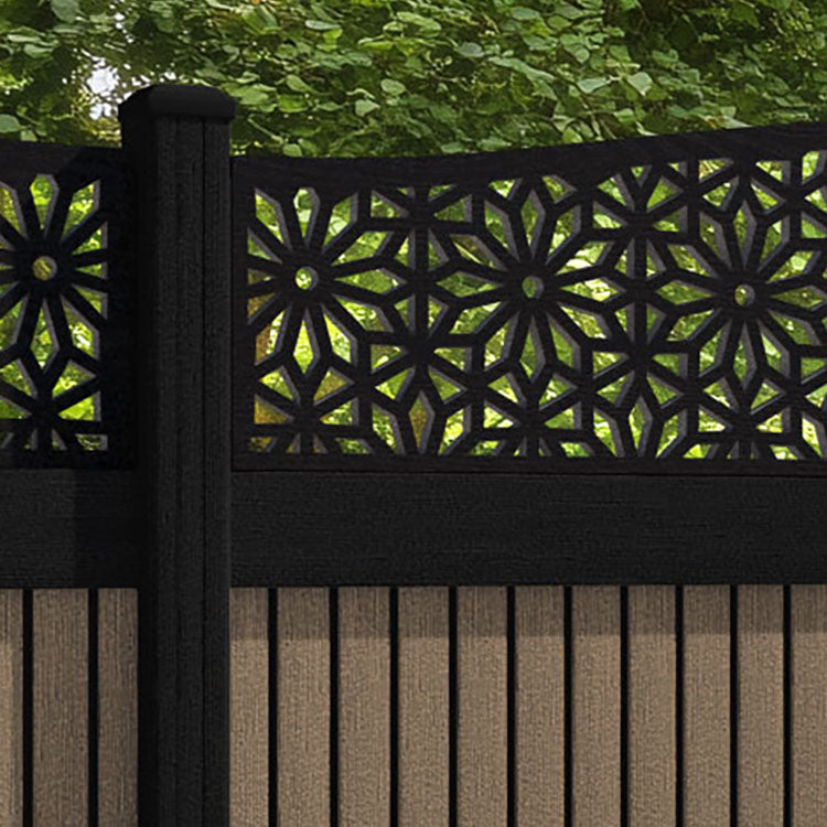Virtis Narwa Curved Top Fence Panel - Teak - with our aluminium posts