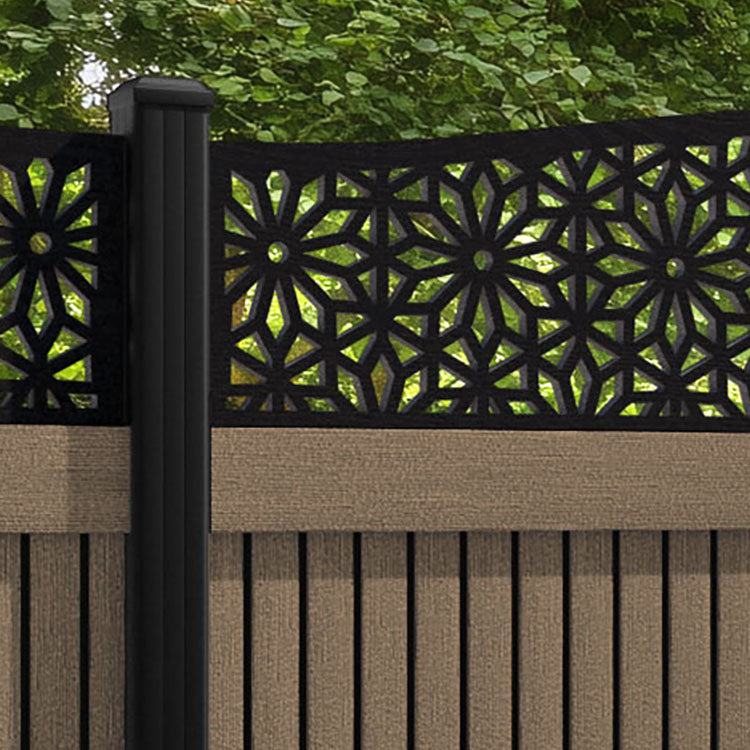 Virtis Narwa Curved Top Fence Panel - Teak - with our aluminium posts