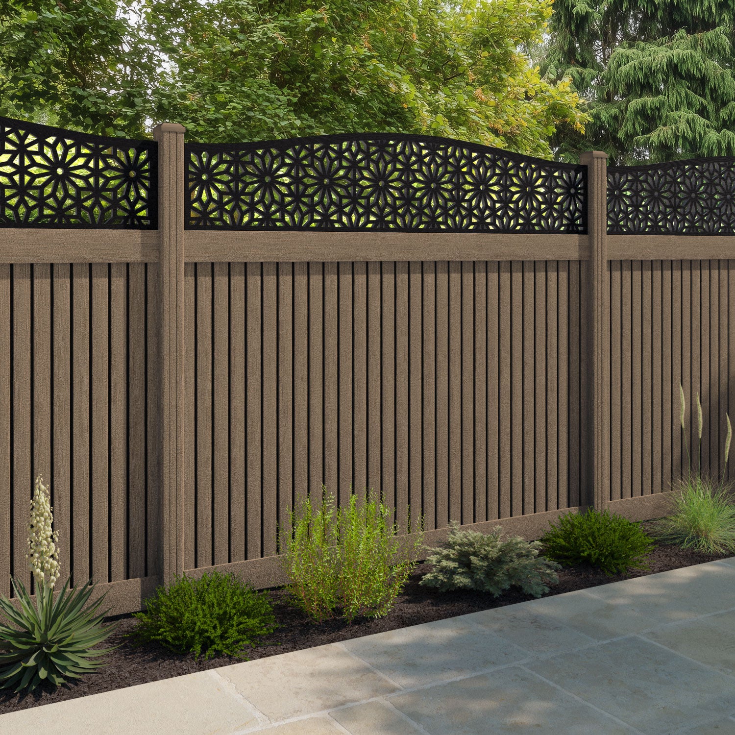 Virtis Narwa Curved Top Fence Panel - Teak - with our composite posts