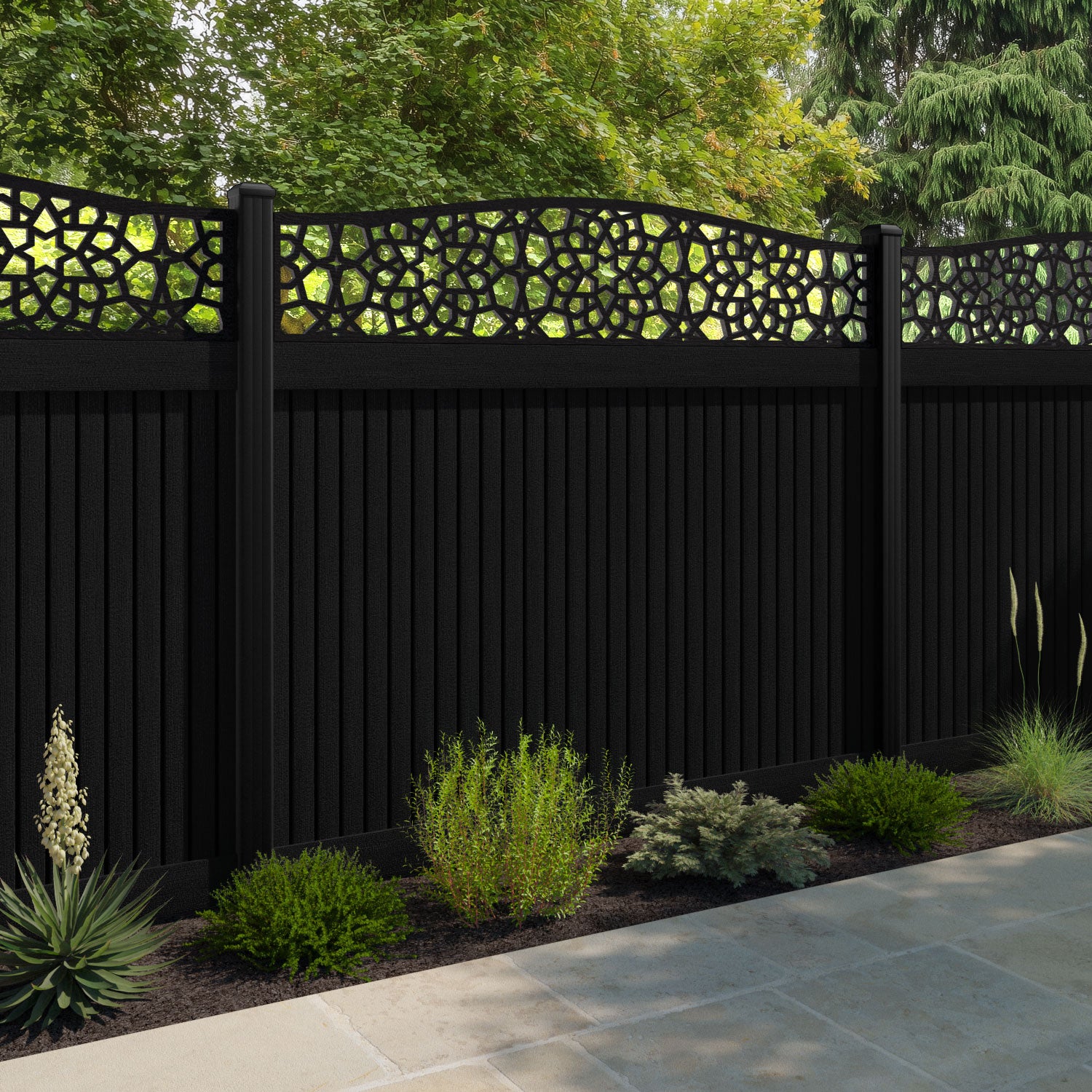 Virtis Nazira Curved Top Fence Panel - Black - with our aluminium posts