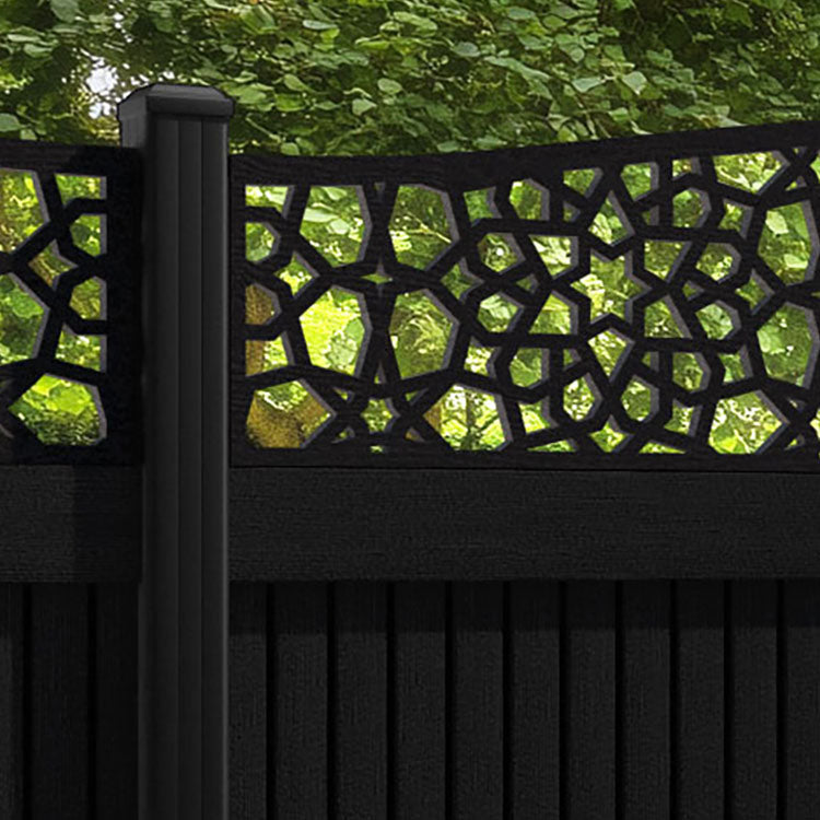 Virtis Nazira Curved Top Fence Panel - Black - with our aluminium posts