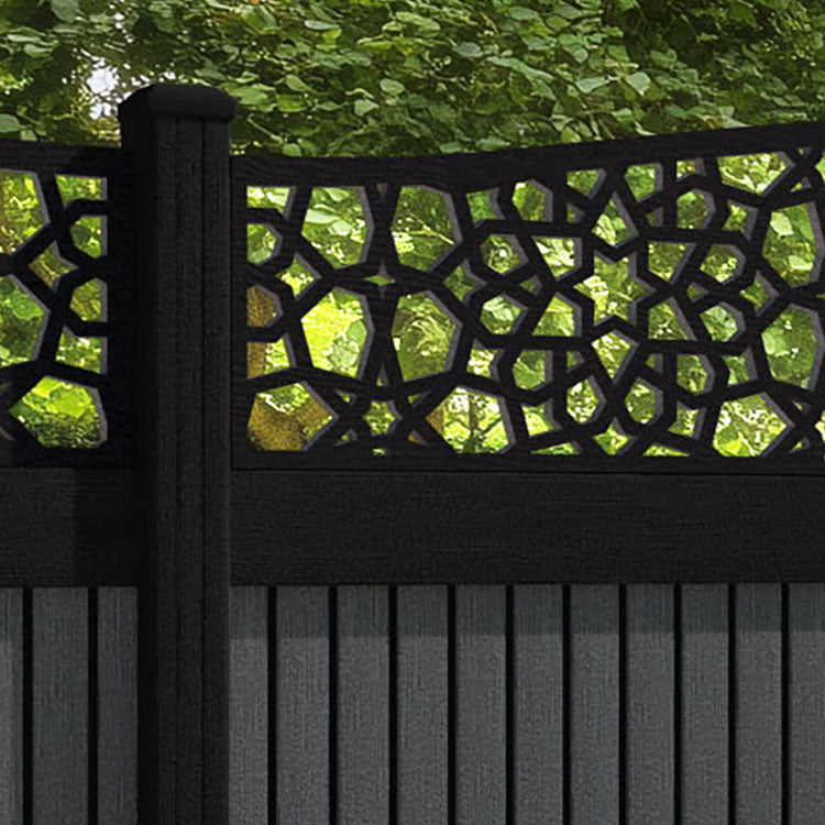 Virtis Nazira Curved Top Fence Panel - Dark Grey - with our aluminium posts