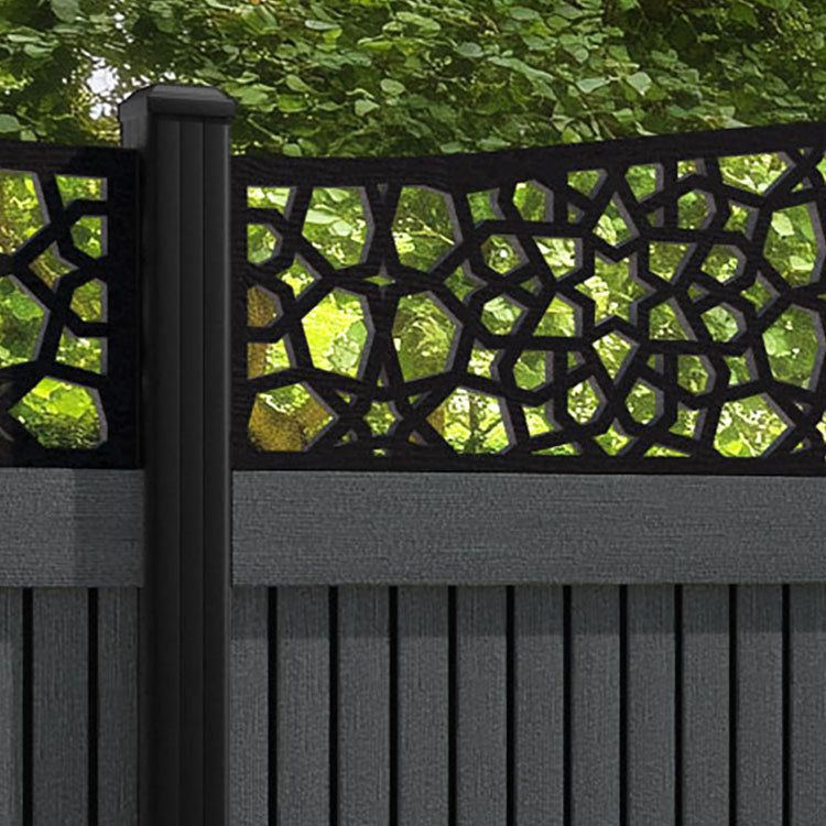 Virtis Nazira Curved Top Fence Panel - Dark Grey - with our aluminium posts