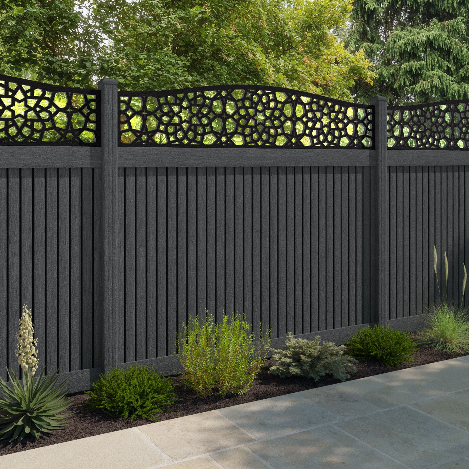 Virtis Nazira Curved Top Fence Panel - Dark Grey - with our composite posts