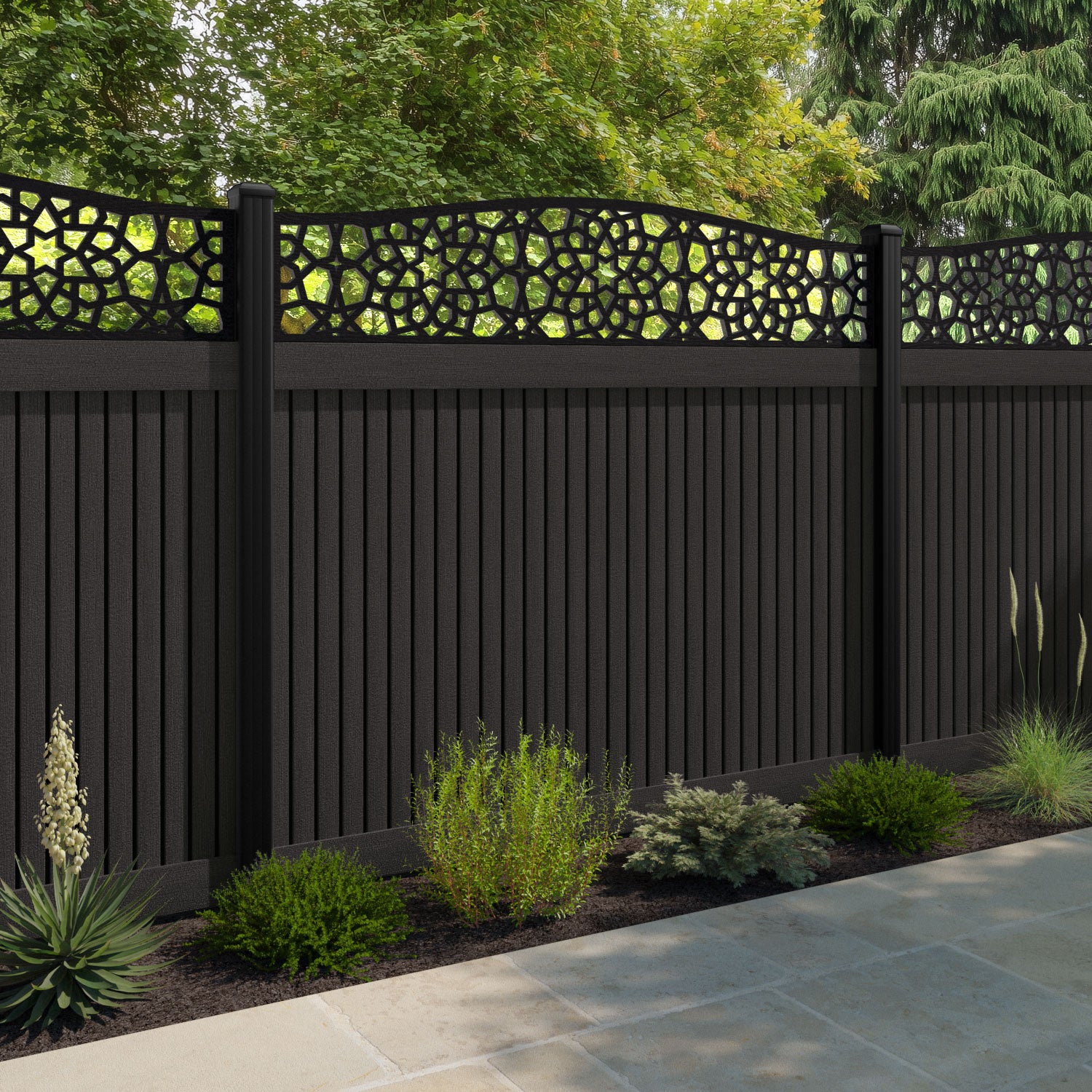 Virtis Nazira Curved Top Fence Panel - Dark Oak - with our aluminium posts