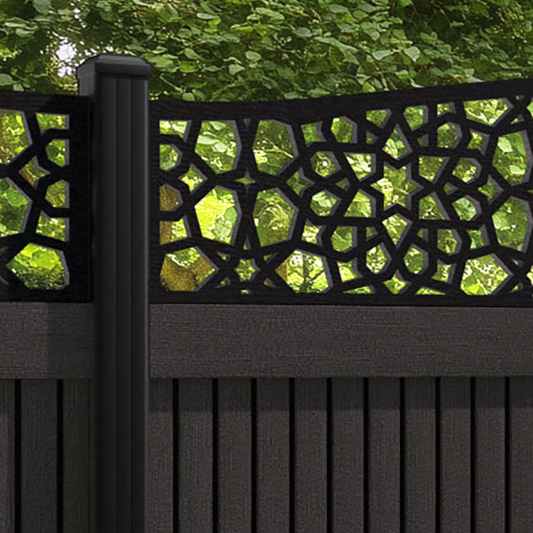 Virtis Nazira Curved Top Fence Panel - Dark Oak - with our aluminium posts