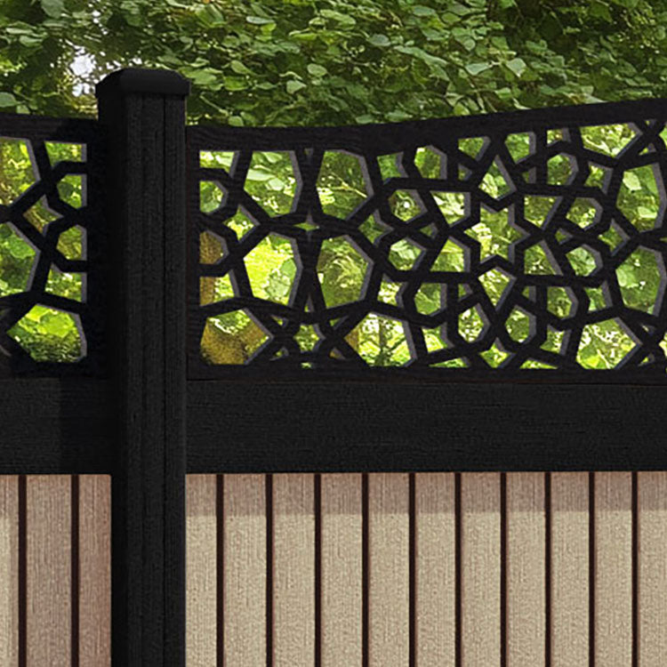 Virtis Nazira Curved Top Fence Panel - Light Oak - with our aluminium posts