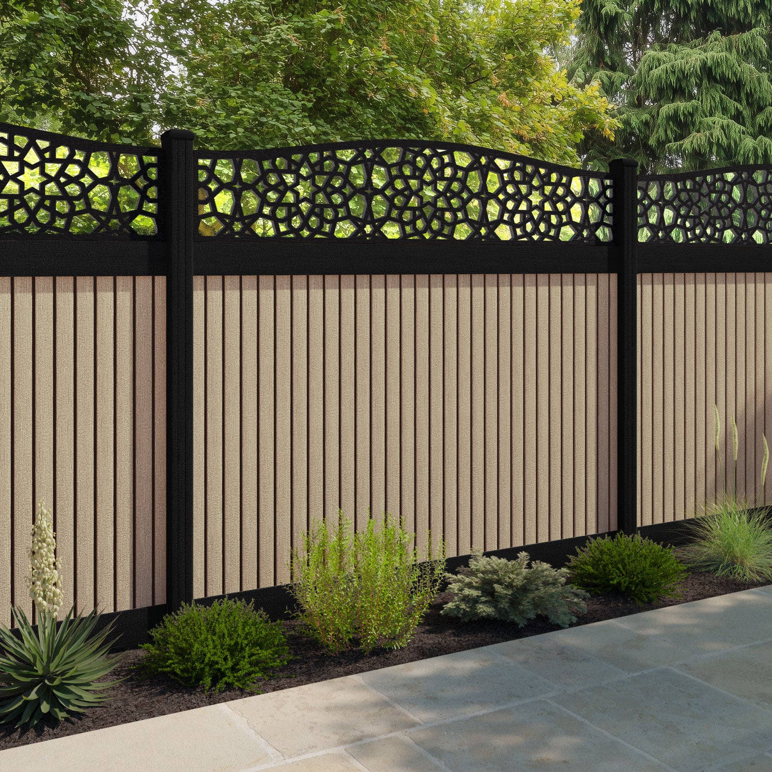 Virtis Nazira Curved Top Fence Panel - Light Oak - with our composite posts
