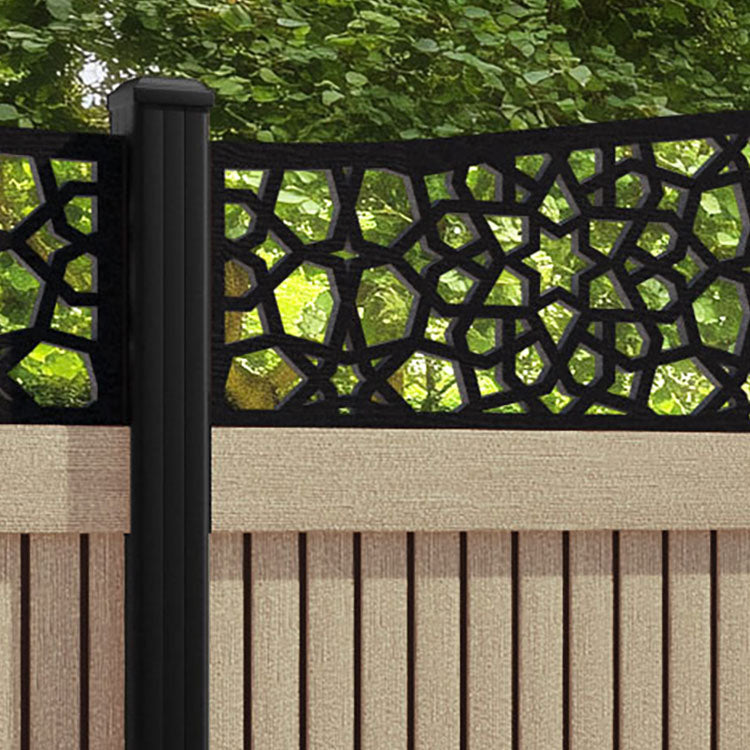 Virtis Nazira Curved Top Fence Panel - Light Oak - with our aluminium posts