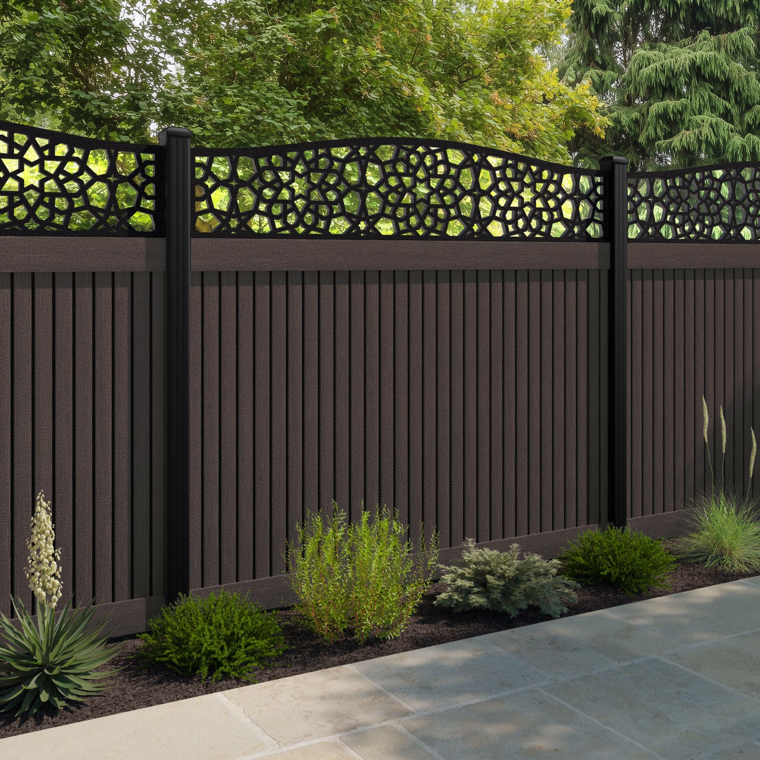Virtis Nazira Curved Top Fence Panel - Mid Brown - with our composite posts