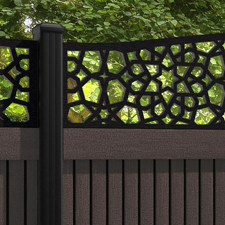 Virtis Nazira Curved Top Fence Panel - Mid Brown - with our aluminium posts