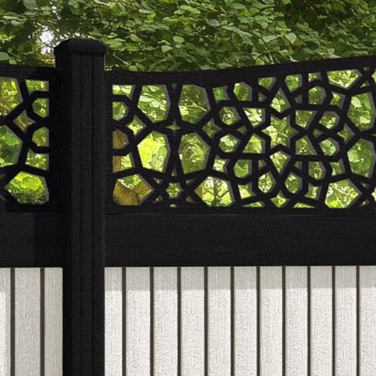 Virtis Nazira Curved Top Fence Panel - Light Stone - with our aluminium posts