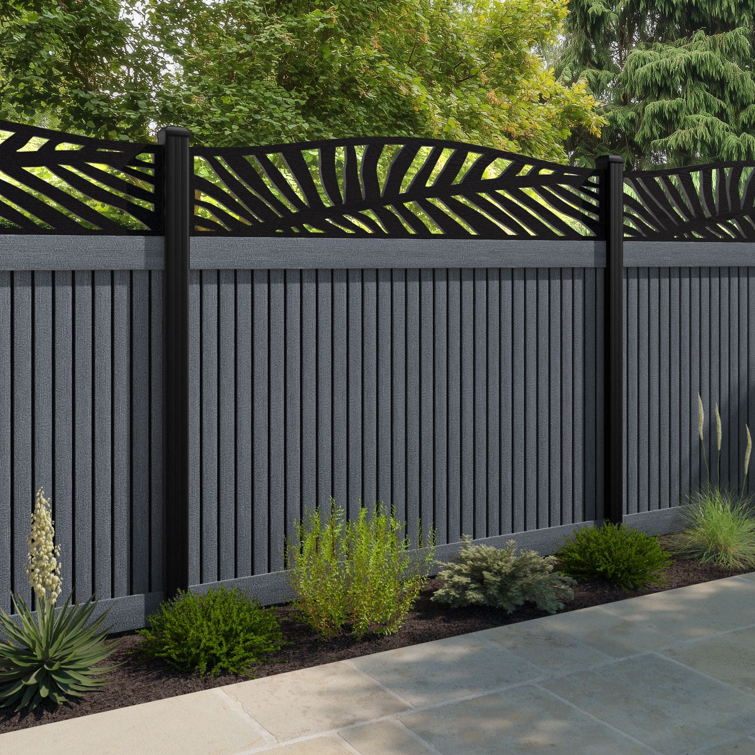 Virtis Palm Curved Top Fence Panel - Anthracite - with our aluminium posts