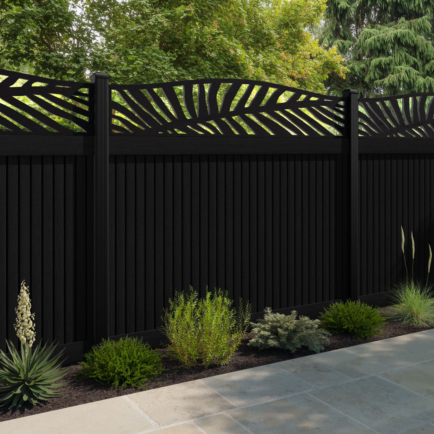 Virtis Palm Curved Top Fence Panel - Black - with our aluminium posts
