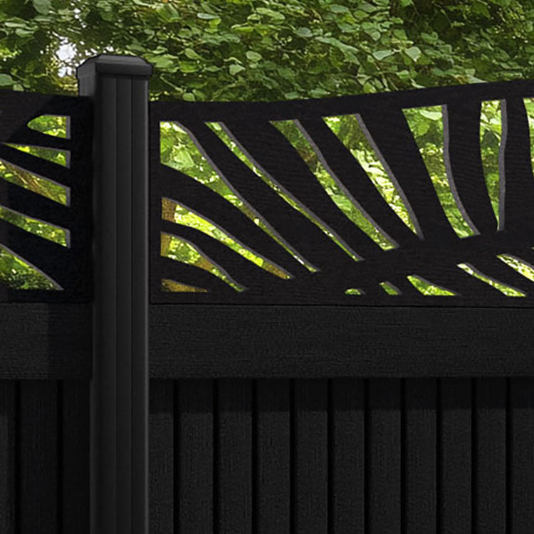Virtis Palm Curved Top Fence Panel - Black - with our aluminium posts